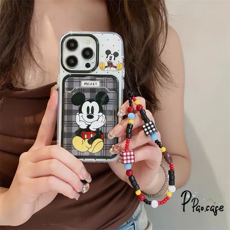 มิกกี้เมาส์แฟชั่นเข้ากันได้เคสไอโฟน 16 11 13 XR 15 14 12 Pro Max 7 8 Plus X XS Max SE 2020 สีดำเชือกกระเป๋าสตางค์บัตรเคส