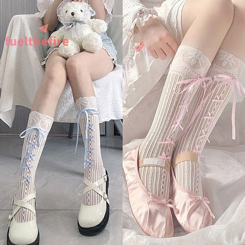 [Feel] บัลเล่ต์สไตล์หรูหราถุงเท้าริบบิ้น Bows Tie Stocking Hollows ลูกไม้ลาย Bows Tie Fishnet ยาวเข่าความยาวถุงเท้า [ใหม่]
