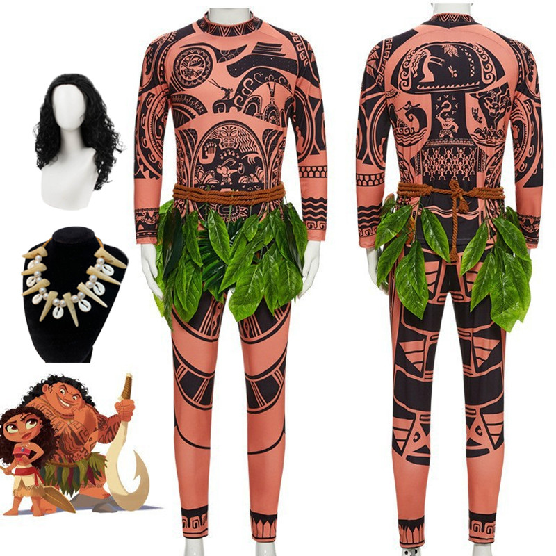 🇹🇭 Moana 2 Maui Costume Cosplay Costume For Adult Men Hook กระโปรงใบไม้ เสื้อยืดเครื่องแต่งกายคอสเพล