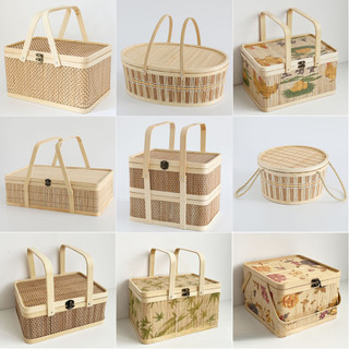 Handmade Bamboo Basket Food Cabas Packing Box Gift Double Layer Bamboo Gift Box Storage Basket With Lid And Handle