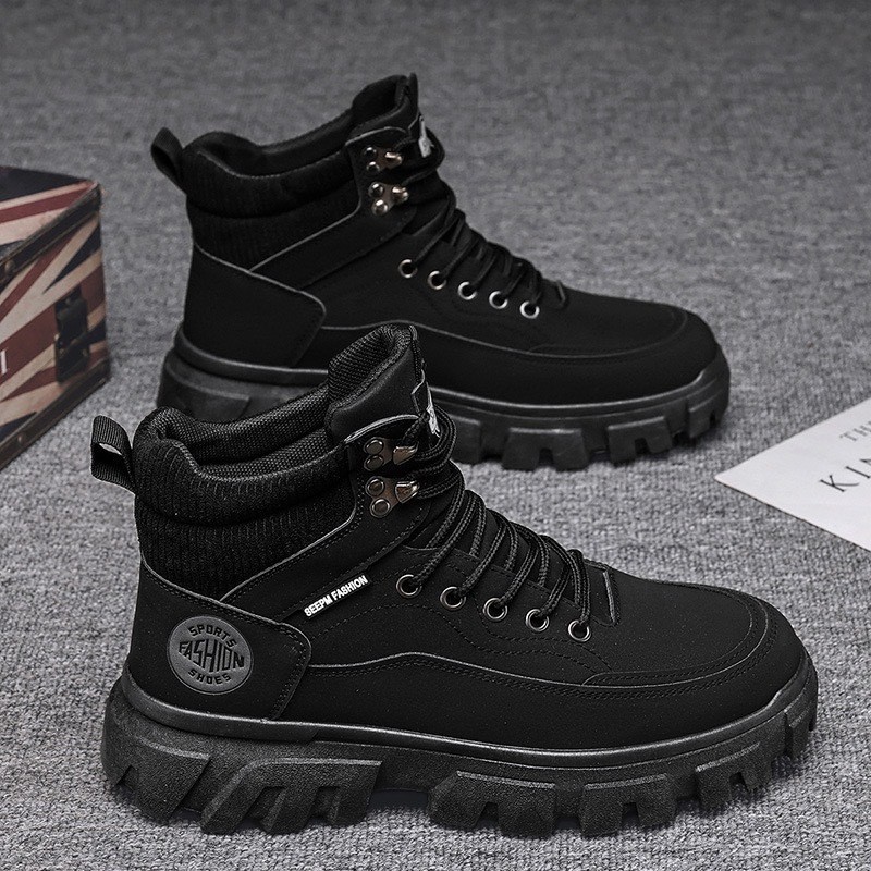 T-T NEW รองเท้าบูทหุ้มข้อ หนัง PU รองเท้าแบบผูกเชือก พื้นหนา ใส่ขึ้นเขา Size40-44MVS080-238