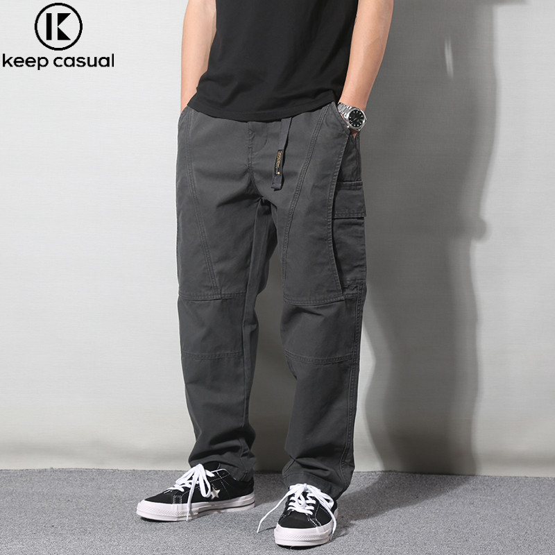 『Keep Casual』Mens Retro Multi-Pocket Cargo Pants Mens Heavyweight ล้างผ้าฝ้ายขาตรงหลวมเรียวกางเกงลําลอง
