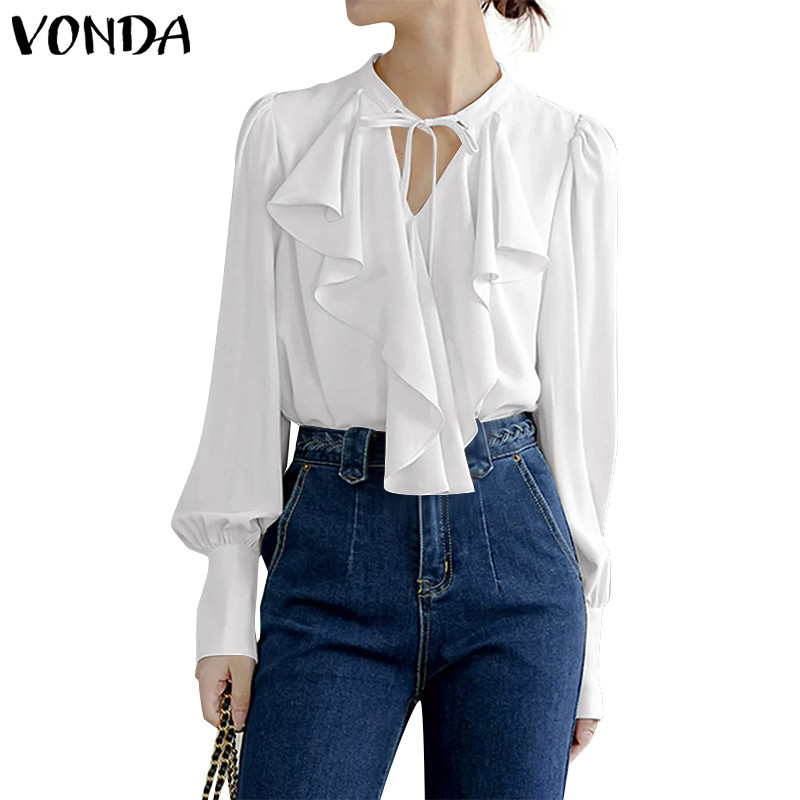 Vonda ผู้หญิงวินเทจแฟชั่นลําลองสีทึบ Ruffled Lace Up เสื้อแขนยาว
