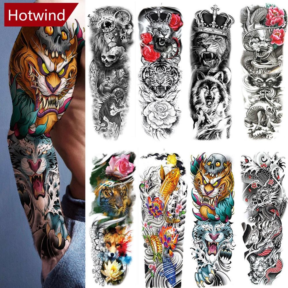 HTW 1 แผ่นแขนขนาดใหญ่ Tattoo Lion Crown King Rose กันน้ําชั่วคราว Tattoo สติกเกอร์ Wild Wolf Tiger TQB161-200