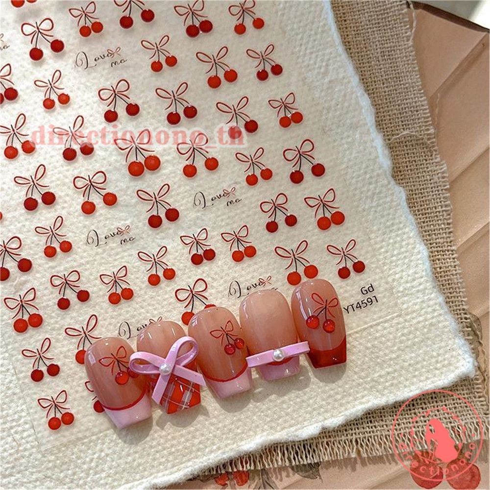 Nail Stickers Cherry Jelly Nail Sticker Ribbon Bowknot Line Letter Sweet Style Three Dimensional Decal Nail Decoration DIRE