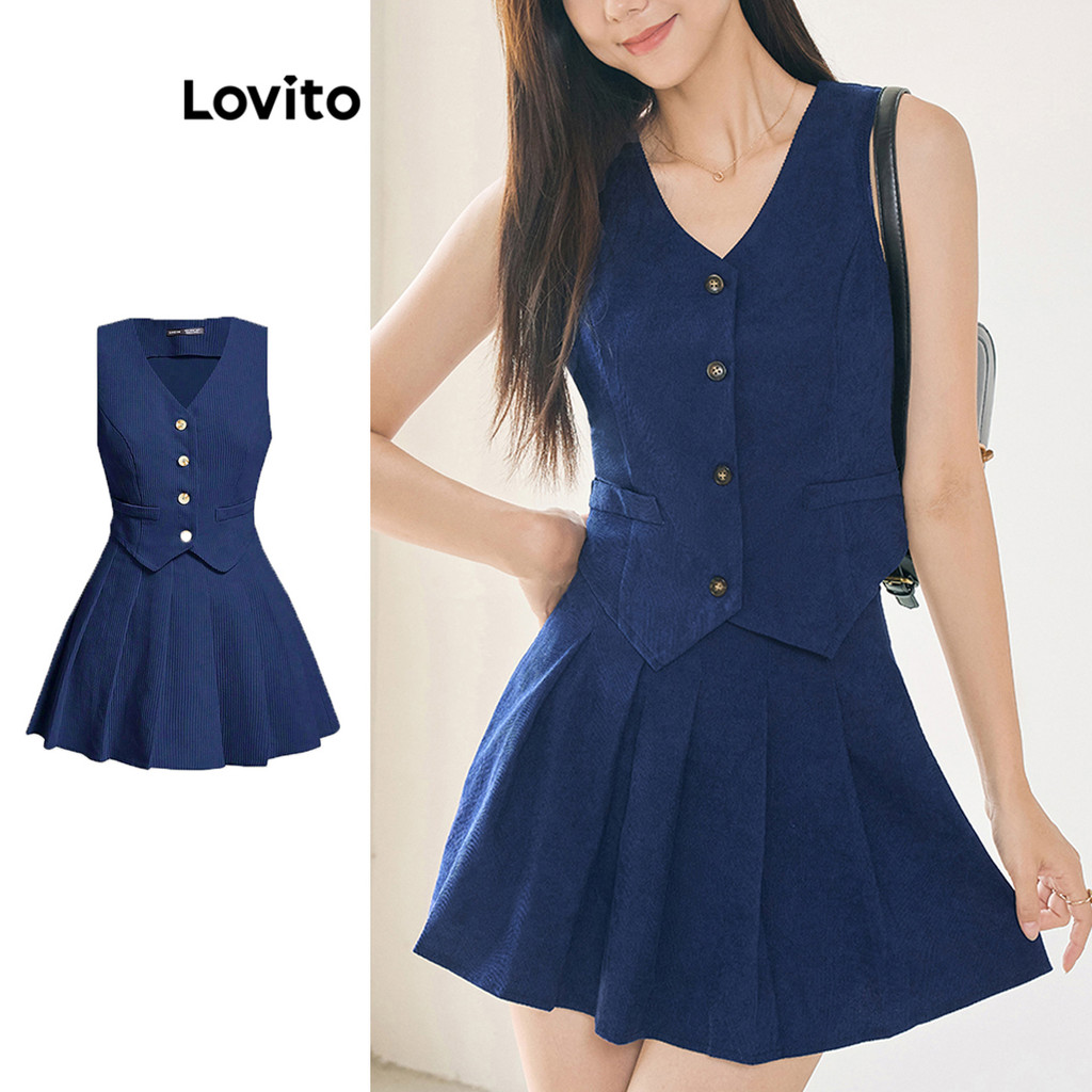 Lovito ชุดเซ็ทกระโปรงผู้หญิง สไตล์ลำลอง มีกระดุม สีพื้น L95ED829