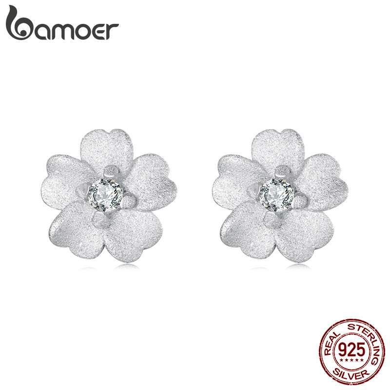 BAMOER บามอส 925เงินสเตอร์ลิงต่างหูเครื่องประดับดอกไม้ขนาดเล็กผู้หญิงของขวัญ