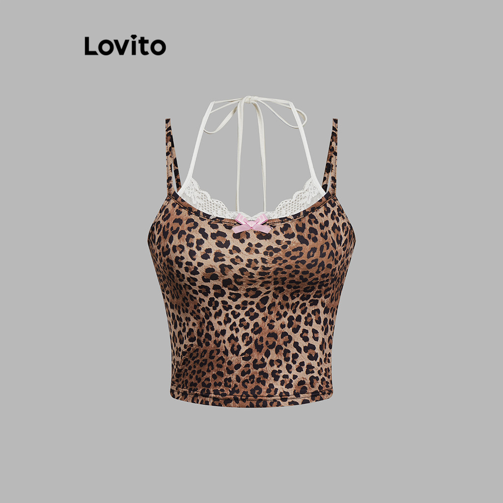 Lovito เสื้อกล้ามคอระบายลูกไม้ลายเสือดาวสุดน่ารักสำหรับผู้หญิง L114AD062