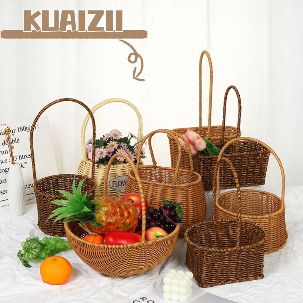 Kuaizii ตะกร้าเก็บหวาย, ที่เก็บของกระจุกกระจิกผักผลไม้ตะกร้าเก็บห้องครัว, เดสก์ท็อปหน้าแรกตกแต่งหวายเทียมอเนกประสงค์สวนปิกนิกตะกร้า