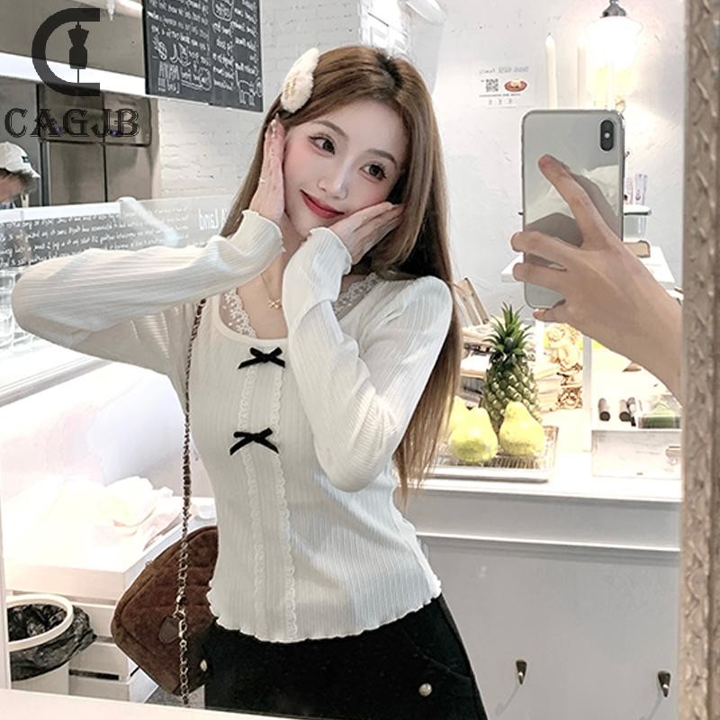 [SSNE] แฟชั่นโบว์หวานลูกไม้ถักแขนยาวคอสี่เหลี่ยมด้านบน UOM