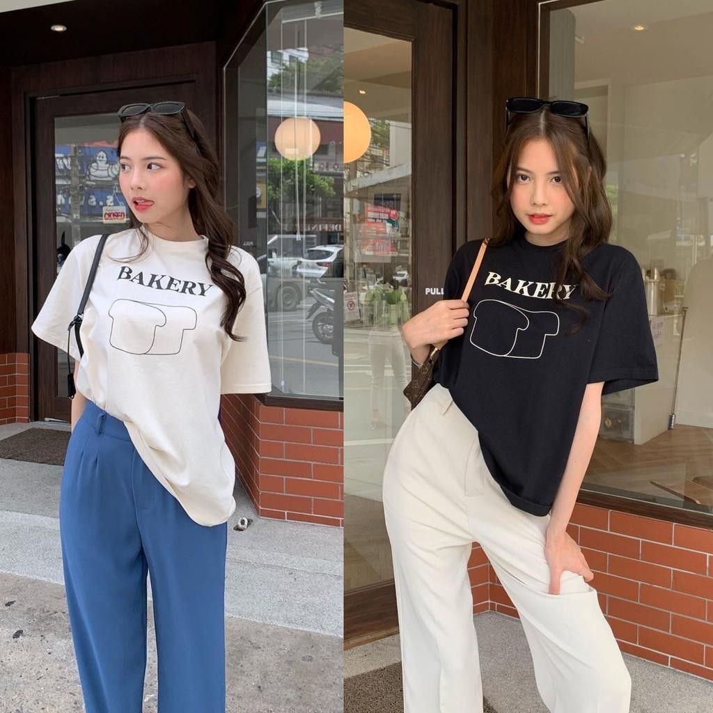 (จัดส่งตลอด 24 ชั่วโมง)เสื้อยืด Oversize สไตล์เกาหลี ลายขนมปัง "Bakery" น่ารัก คอตตอน 100%
