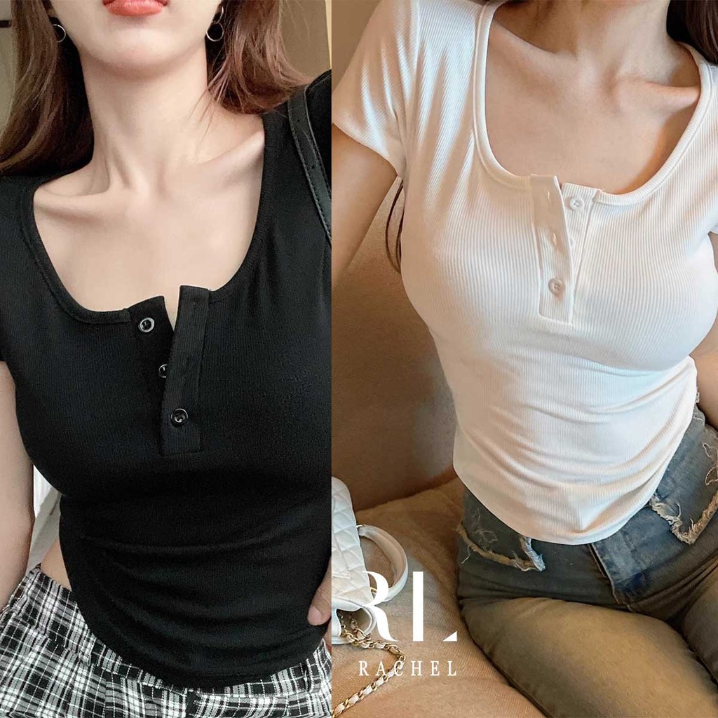 เสื้อครอปแขนสั้นคอเหลี่ยมสีดำ สไตล์เรียบหรู