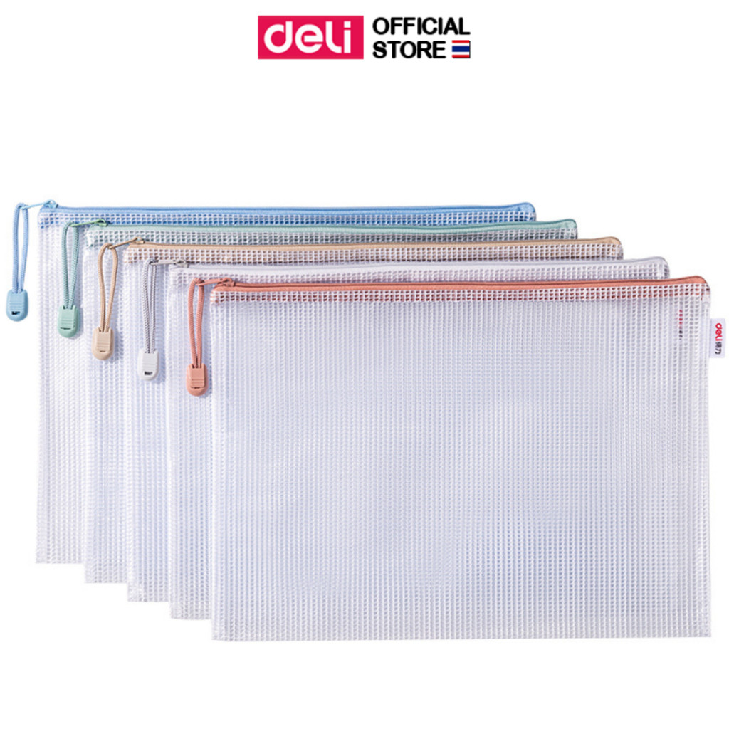 ซองซิปเอกสาร A4 Deli รุ่น 63483/63484 มีป้ายชื่อ ซิปตาข่าย สำหรับเก็บเอกสาร (คละสี/จำหน่าย 1 ชิ้น)