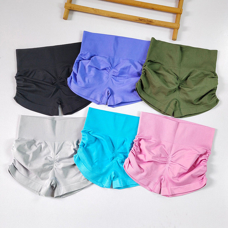 MAGGIEYOGASports กางเกงขาสั้นไม่มีรอยต่อ Peach Hip Side Pleats กางเกงขาสั้นความยืดหยุ่นสูง Gym Running
