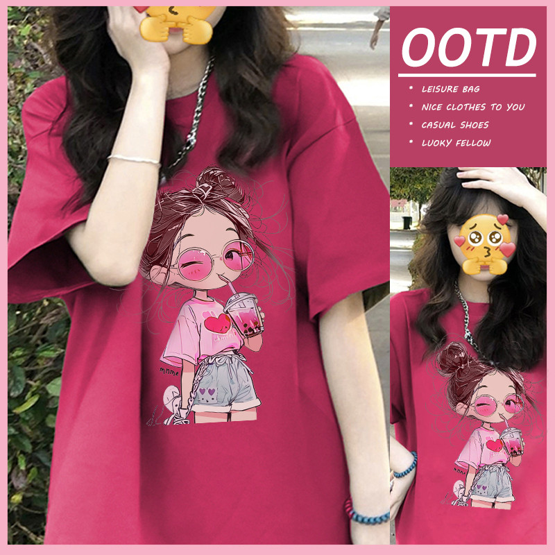 T42.SHOP🌸เสื้อน่ารัก เสื้อสาวอวบ oversize กุหลาบแดง ลาย "Girl" โคตรนุ่ม ผ้าคอตตอน ใส่สบาย สินค้าใหม่ 2025