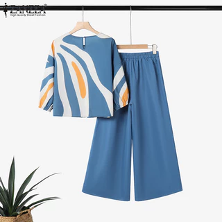 ZANZEA ใส่ ซานเซีย ผู้หญิงเกาหลีสบายๆ โอ คอโคมไฟแขนพิมพ์เรขาคณิตเสื้อ + กลับเอวยืดหยุ่นสีทึบกางเกงขากว้างไม่มีกระเป๋าสูท