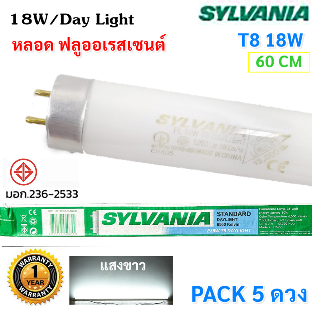 แพ็ค 5 ดวง Sylvania หลอดนีออน T8 18W ยาว 60CM แสงขาว Day Light รุ่น Eco