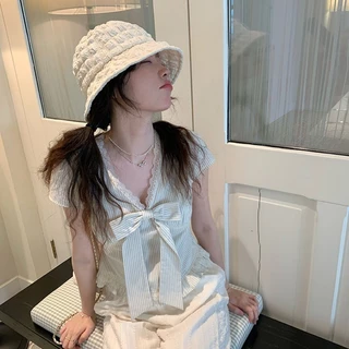 Mona~คอวี แถบ ลูกไม้ โบว์ แขนสั้น เสื้อเชิ้ต สไตล์ใหม่ เวอร์ชั่นเกาหลี