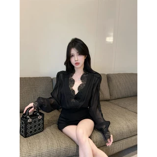 เสื้อเชิ้ตแขนยาวผู้หญิง เสื้อเชิ้ตคอวีผ้าลูกไม้ลายดอกกุหลาบ Pure Desire ระดับไฮเอนด์สำหรับผู้หญิงในฤดูใบไม้ผลิ#99099
