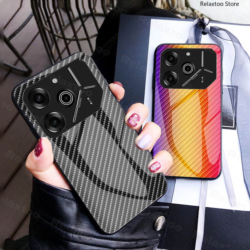 เคสคาร์บอนไฟเบอร์ไล่โทนสี Tecno Pova 6 Pro 5G พร้อมกระจกนิรภัยกันกระแทก รองรับ Pova 6/5, Pova 6 Pro/