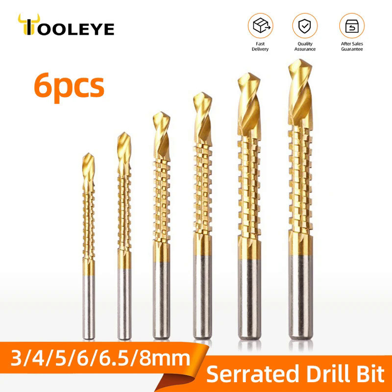 6pcs Serrated Drill Bit Set HSS Titanium Metal Twist Drills Cutting Drilling Slotting Tools Woodwork