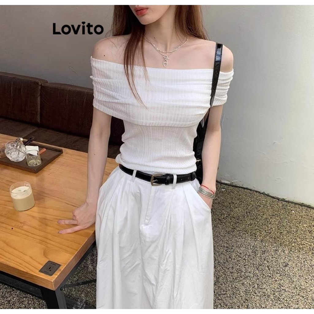 Lovito เสื้อยืดลําลอง เปิดไหล่ สําหรับผู้หญิง LNA56227