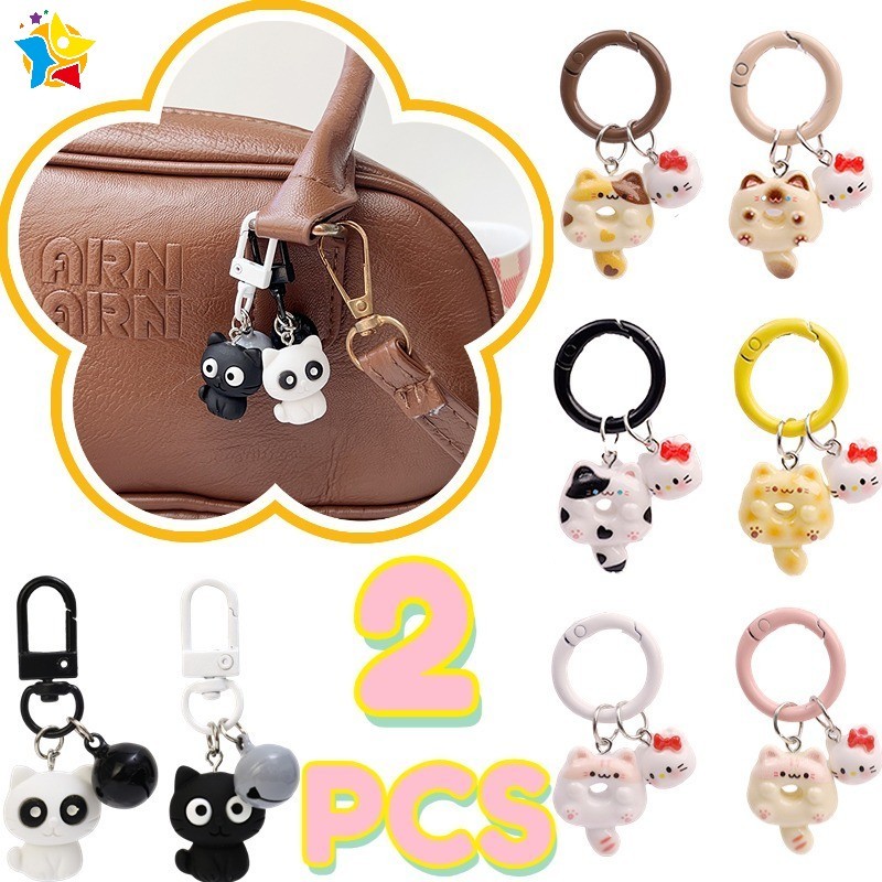 แฟชั่นน่ารักสร้างสรรค์สีดําสีขาวแมวพวงกุญแจกับระฆังการ์ตูนลูกแมวกุญแจรถแหวนกระเป๋าตกแต่งจี้ของขวัญคู่