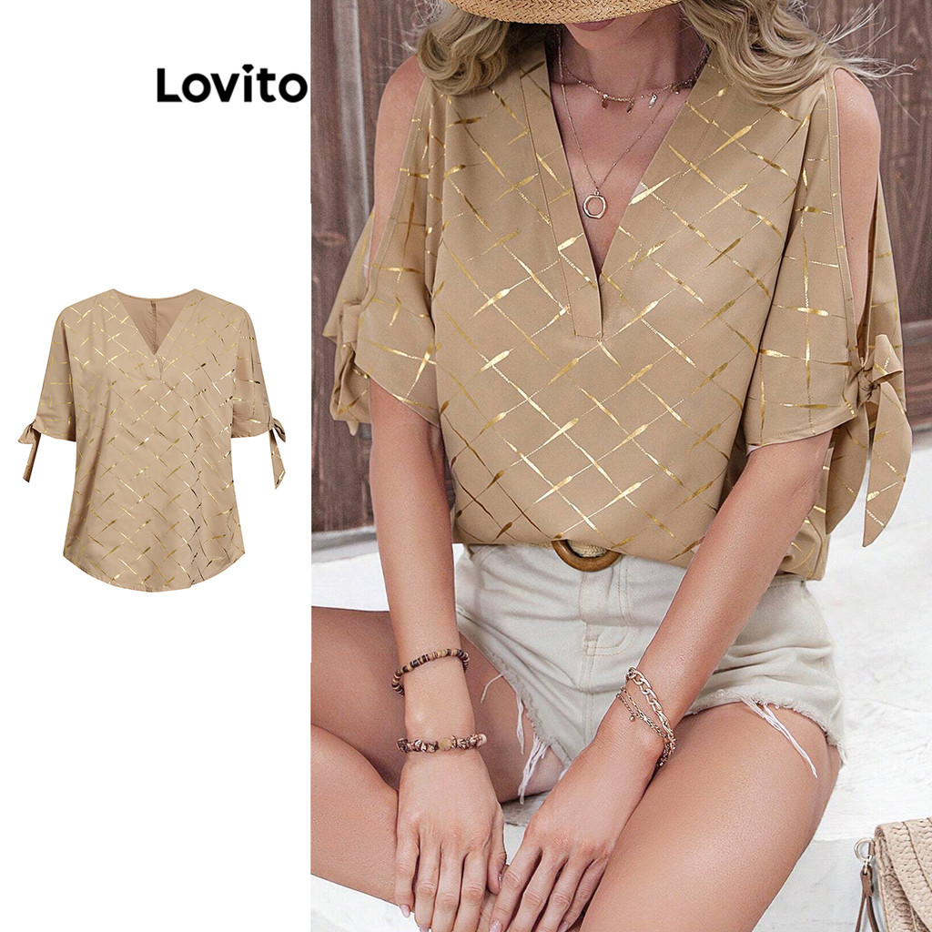 Lovito เสื้อเบลาส์ตัดโลหะเนื้อโบว์เรขาคณิตหรูหราสำหรับผู้หญิง L99ED994