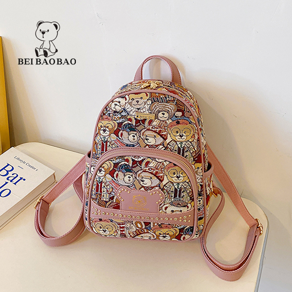 [Bei Baobao] กระเป๋าเป้สะพายหลังพิมพ์ลายน่ารัก-กระเป๋าเป้สะพายหลังผ้าใบลำลองสำหรับผู้หญิง2024แฟชั่นใหม่