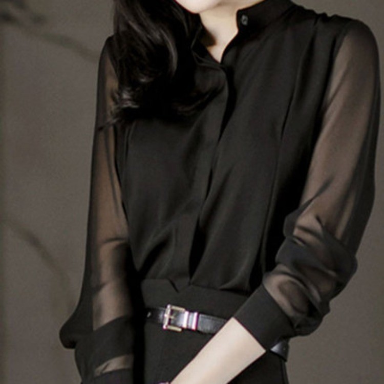 เสื้อผู้หญิงแขนยาวเกาหลีรุ่นslimmerดูสีดําstand-upเสื้อชีฟองมุมมองเซ็กซี่ol Top H0TB