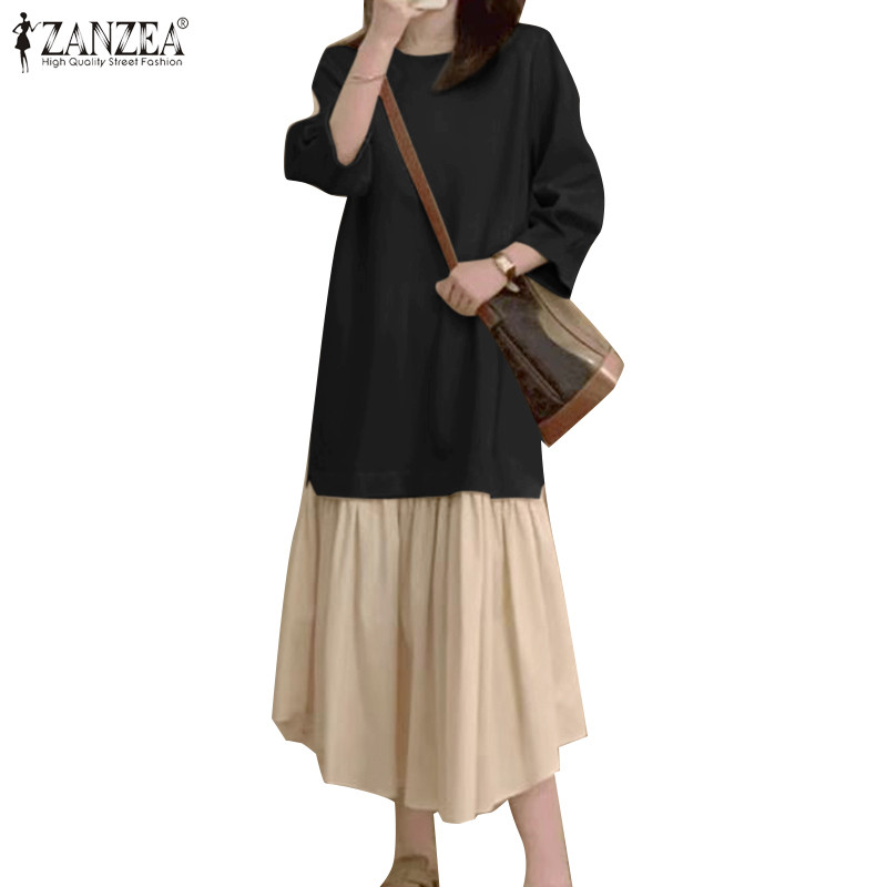 Zanzea ชุดเดรสสเวตเตอร์คอกลมแขนยาวลําลองเกาหลีสําหรับผู้หญิง