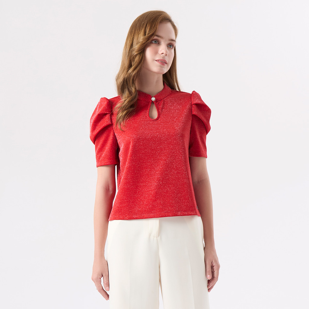 ESPADA เสื้อนิตสไตล์ออเรียนทัล ผู้หญิง สีแดง | Oriental-style Knit top | 05006