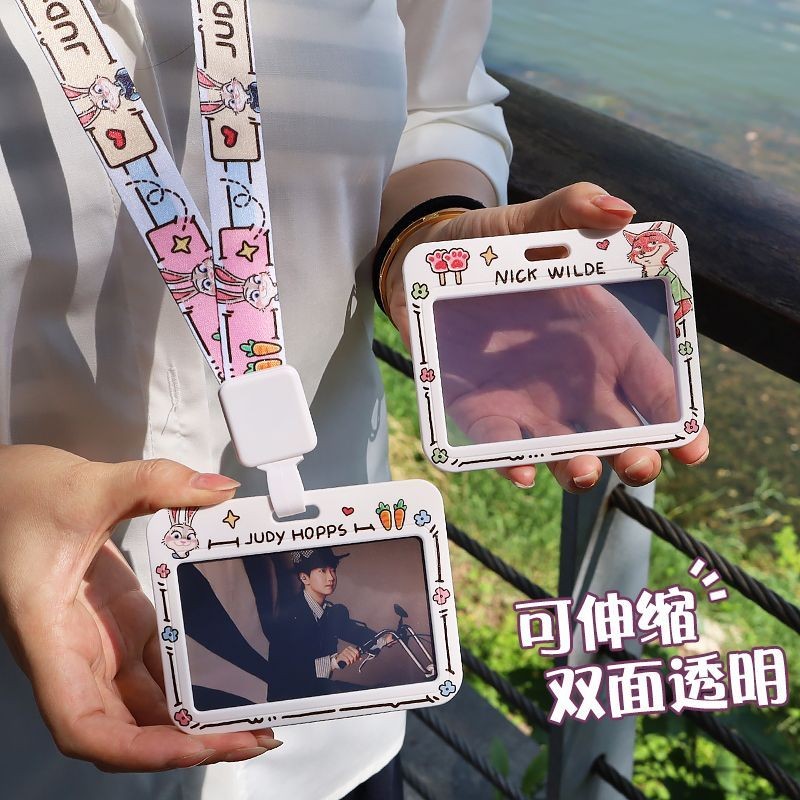น่ารักเรียบง่ายแนวนอนรุ่นสองด้านใสผู้ถือบัตรหดเชือกแขวนคอบัตรประจําตัว นักเรียน ป้ายทํางาน รหัส