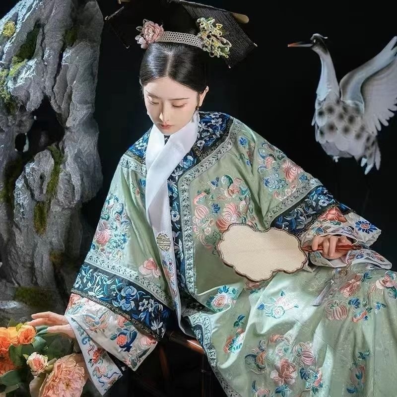 Light Concubine Qing Dynasty เสื้อผ้าผู้หญิง Qing Dynasty Original Checkered เสื้อผ้าหญิงพิมพ์สไตล์จ