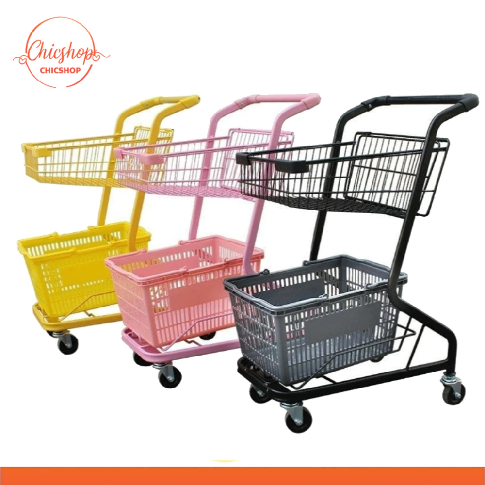 รถเข็นช้อปปิ้ง 2 ชั้น แบบมีล้อ Trolley (including basket) รถเข็นร้านสะดวกซื้อ ขนาดเล็ก สไตล์ญี่ปุ่น