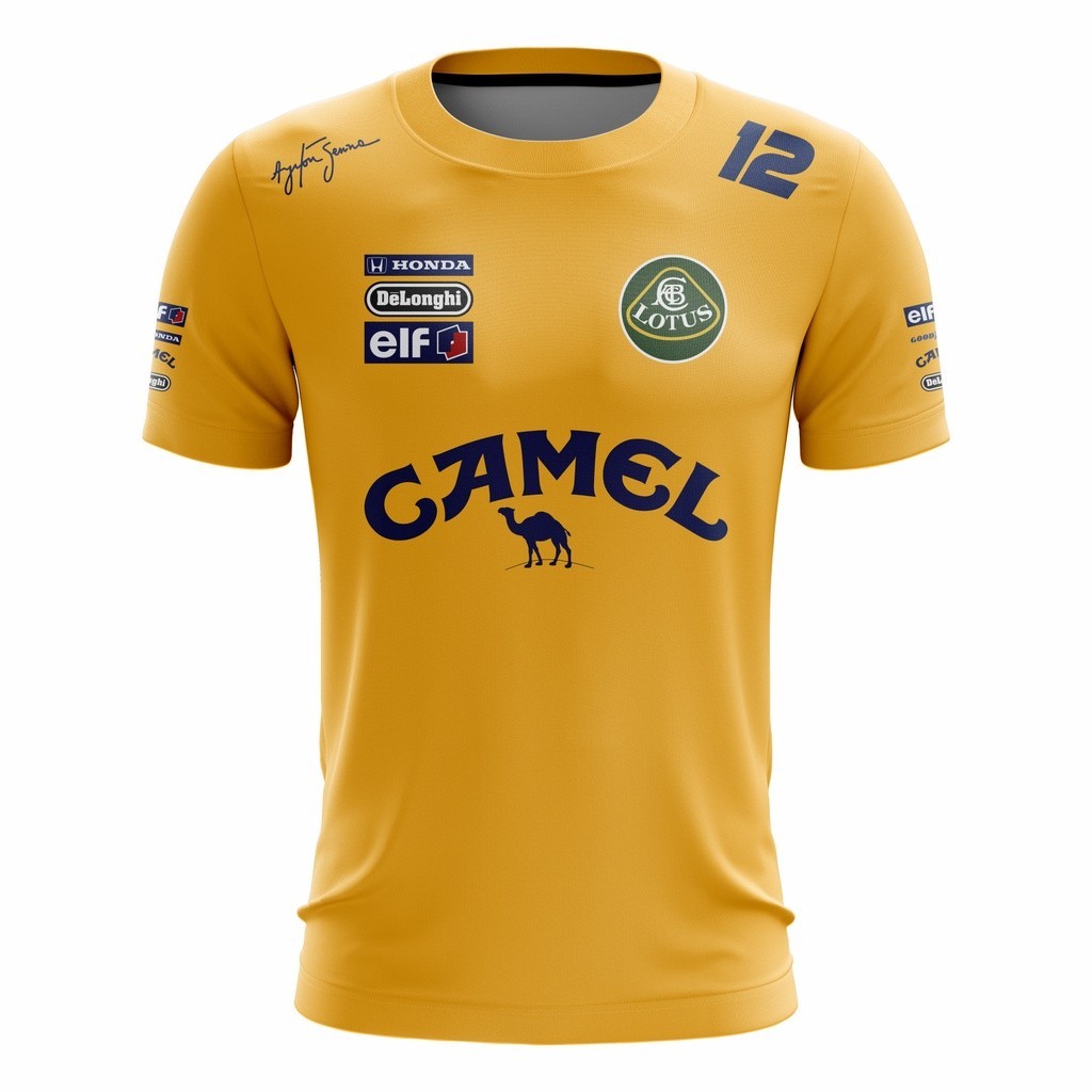 Ayrton Senna Camel Vintage 1987 F1 Racing เสื้อยืดผู้ชายแห้งเร็ว 3D พิมพ์เสื้อยืด Retro Motorsport F
