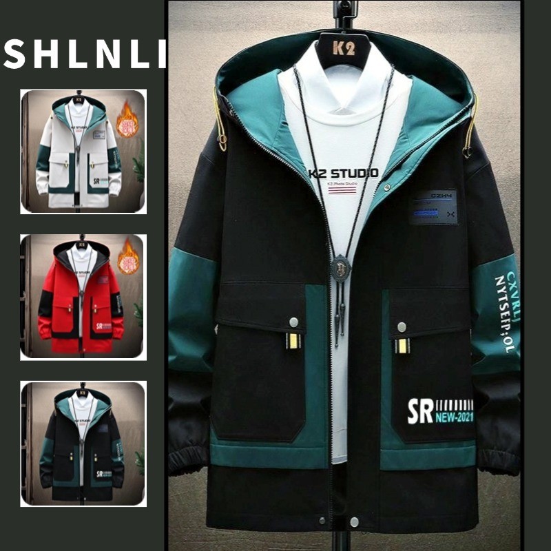 เสื้อแจ็คเก็ตผ้าฝ้ายมีฮู้ดสําหรับผู้ชายสําหรับฤดูใบไม้ร่วงและฤดูหนาวเสื้อลําลองหลวมแขนยาวที่อบอุ่น