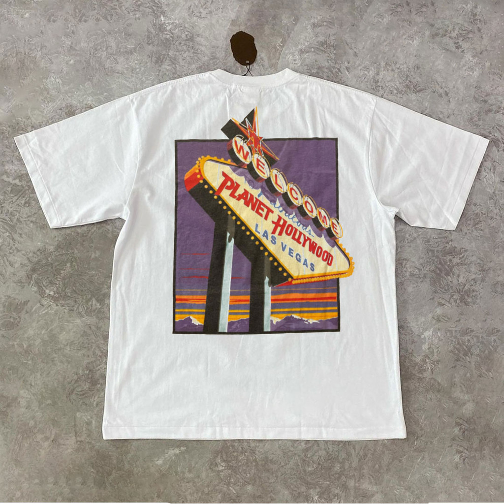 (เสื้อยืดธีม Hollywood Planet Las Vegas) ผ้าฝ้ายแท้ระบายอากาศ สีลายคลาสสิกแบบแลนด์มาร์ค