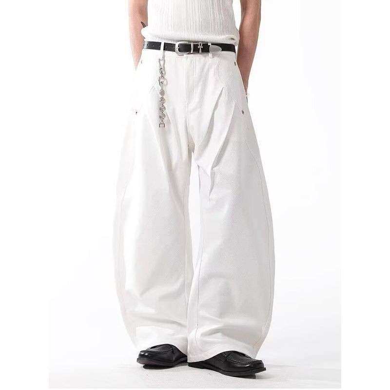 ASRV กางเกงย้อนยุคสไตล์อเมริกัน สีขาว ทรงหลวม มีจีบริม เหมาะสำหรับทั้งชายและหญิงในฤดูร้อน