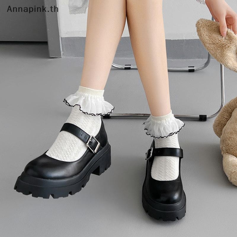Annapink.th Milky White Bow Lace ถุงเท้าผู้หญิงน่ารัก Lolita ญี่ปุ่น Jk ลูกไม้ถุงเท้า Lolita ดูดซับเหงื่อถุงเท้ากลางหลอด EN