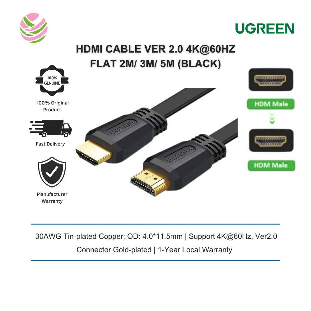 UGREEN สาย HDMI VER 2.0 4K@60HZ FLAT 2M/ 3M/ 5M (สีดํา) UG-ED015-70159/821-ED015-50820/ UG-ED015-50