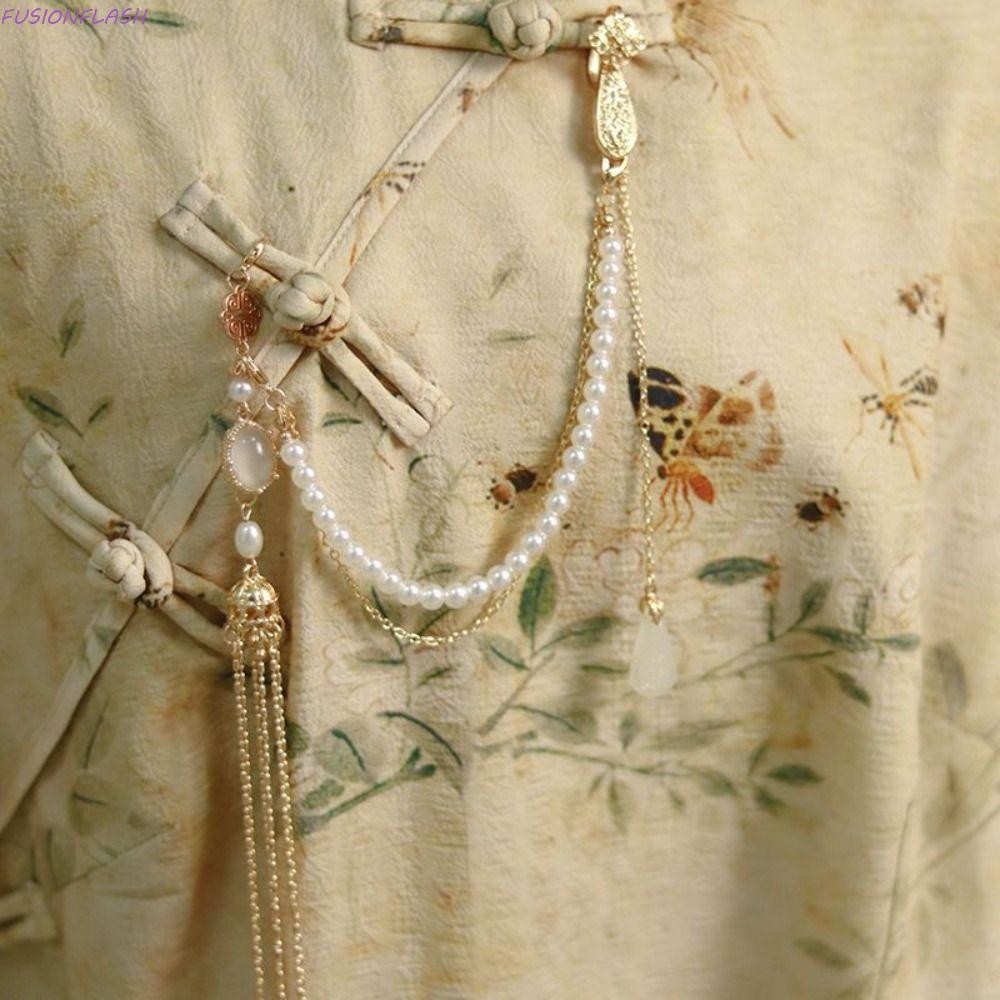 Fusionflash เข็มกลัดสไตล์จีน, เลียนแบบมุกยาวแขวนพู่ผู้หญิง Hanfu เครื่องประดับ, Vintage Handmade Cheongsam Pressed Lapel โลหะผสม Cheongsam อุปกรณ์เสริมสาวของขวัญ