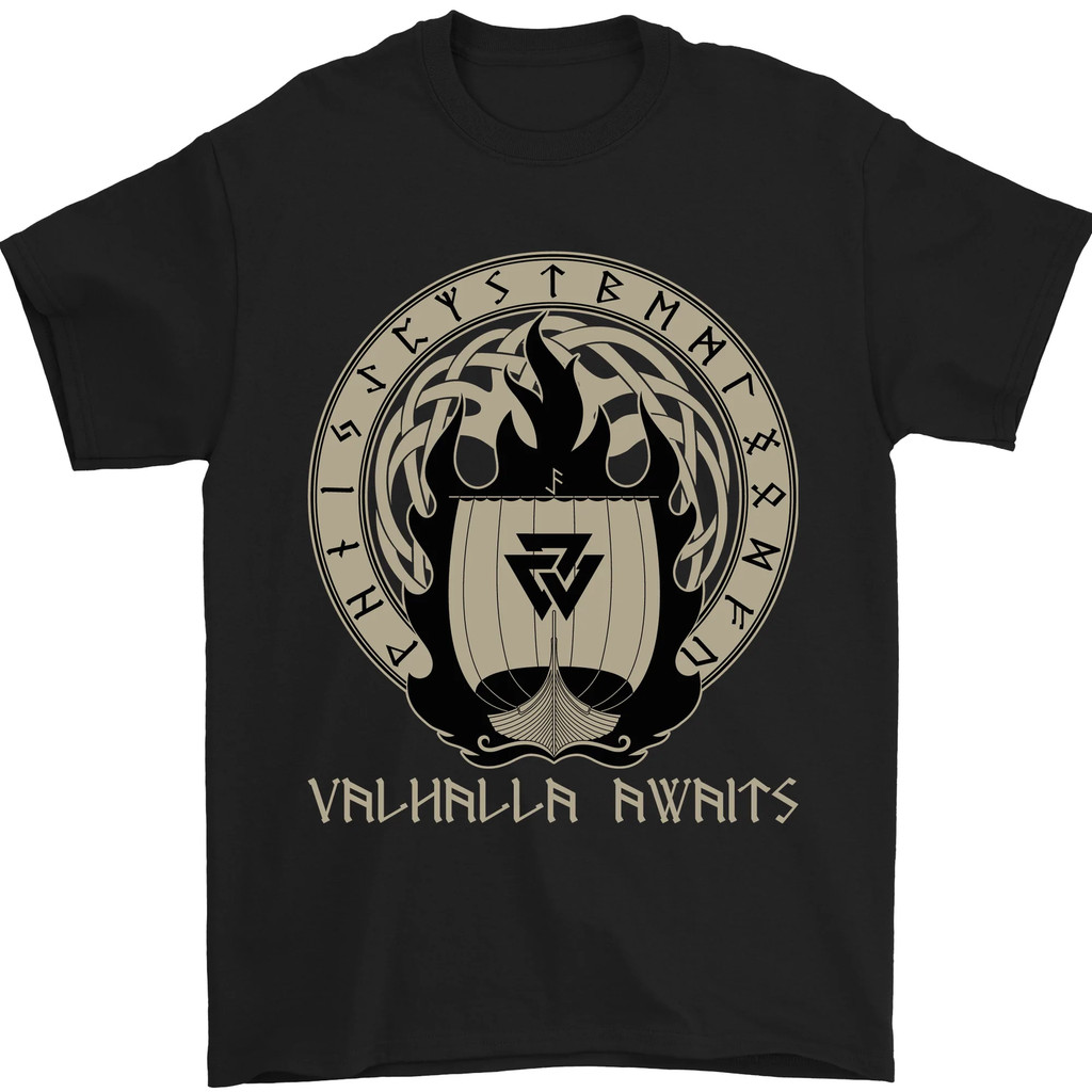 Vikings Valhalla Awaits Valknut Symbol Odin Mens T-Shirt ผ้าฝ้าย 100%