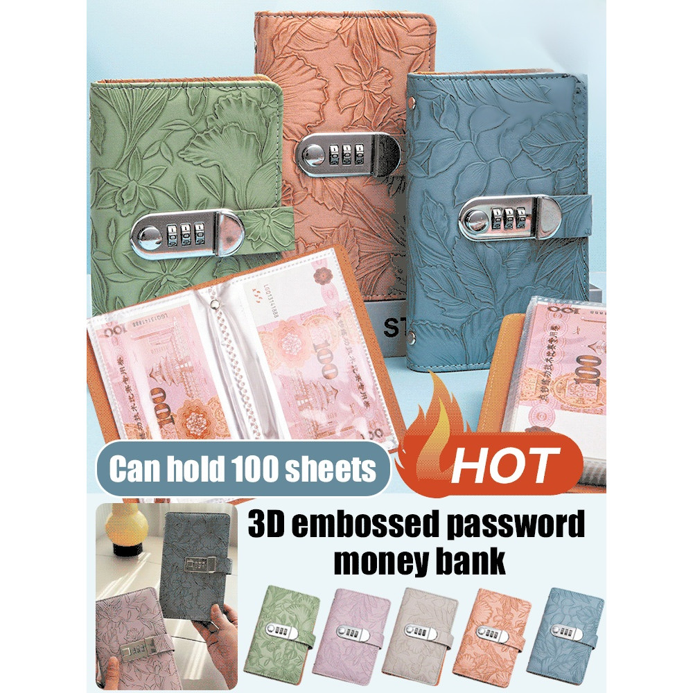 【Can Hold 100 Sheets】Embossed Password Savings Book/Cash Wallet With Combination Lock Password/ Loos