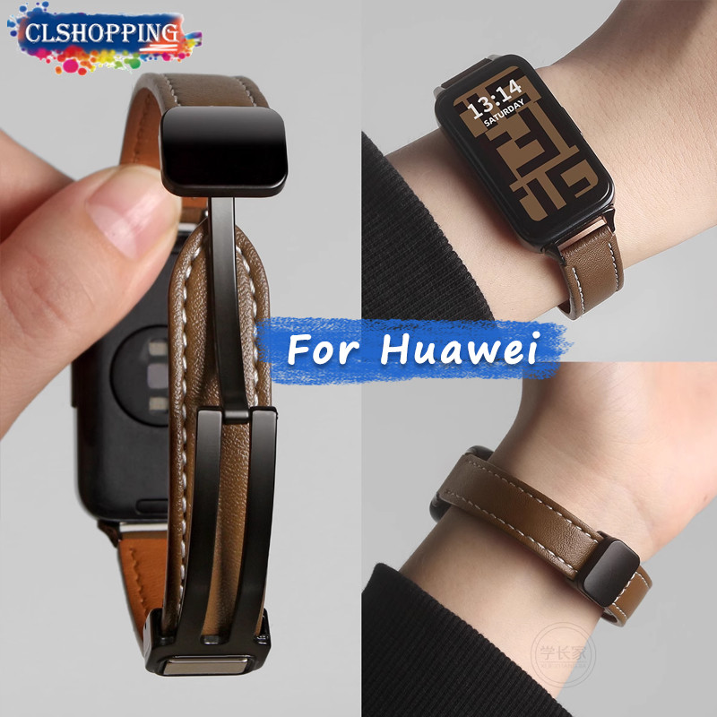 หัวเข็มขัดแม่เหล็กสายหนังสําหรับ Huawei band 10 9 8 NFC Watchband Lichey รูปแบบหนังสําหรับ band 7 Huawei นาฬิกา Fit 3 Smartwatch กีฬาเข็มขัดผู้หญิงเข็มขัดสร้อยข้อมือสายรัดข้อมือ 14 มม.
