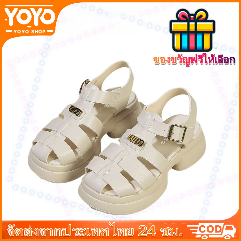 YOYO🎉รองเท้าแตะ แบบถัก พื้นหนา แต่งหัวเข็มขัด สไตล์โรมัน เหมาะกับเดินชายหาด สําหรับผู้หญิง