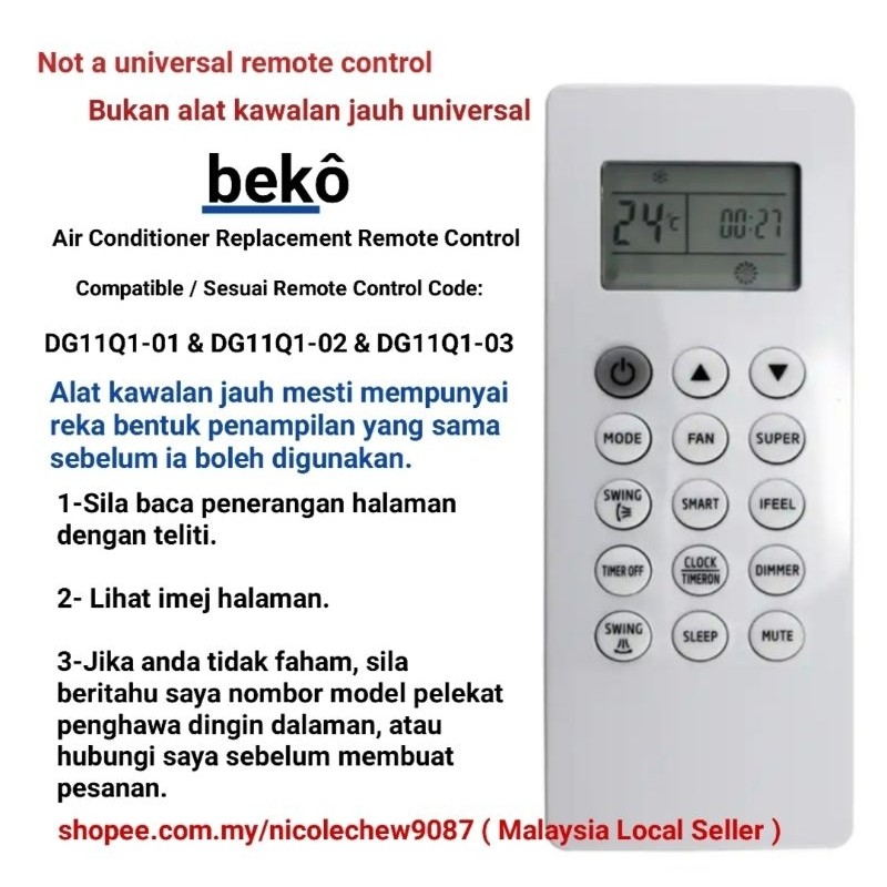 คุณภาพสูง Beko เครื่องปรับอากาศ Replacement Remote Control DG11Q1-01, DG11Q1-02, DG11Q1-03 ( BMLE090