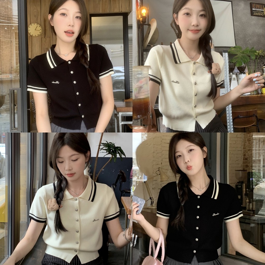 💘Bonnie💘​เสื้อไหมพรมแขนสั้น สีพื้น คอปก กระดุมหน้า ครอปท็อป สไตล์เกาหลี ใส่สบาย น่ารักๆ ส่งไวจากไทย#59035