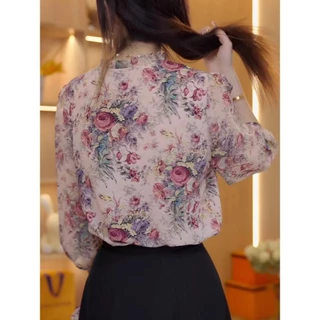 Chemisegrace 99097 เสื้อเชิ้ตแขนยาว คอกลม ผ้าชีฟอง ทรงหลวม ลายดอกไม้ ลายดอกไม้ ทรงหลวม ใส่ทำงาน เรียบร้อยดี แฟชั่น