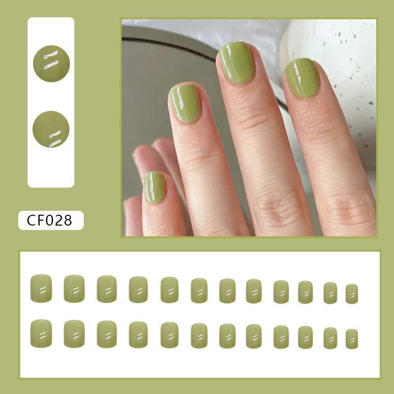 24 ชิ้นต่อเล็บสแควร์สีทึบ มัทฉะ สีเขียวสั้นเล็บปลอม อ้างอิง028
